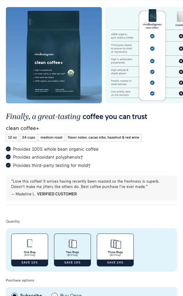 Mobile clean coffee product page with subscription and quantity options