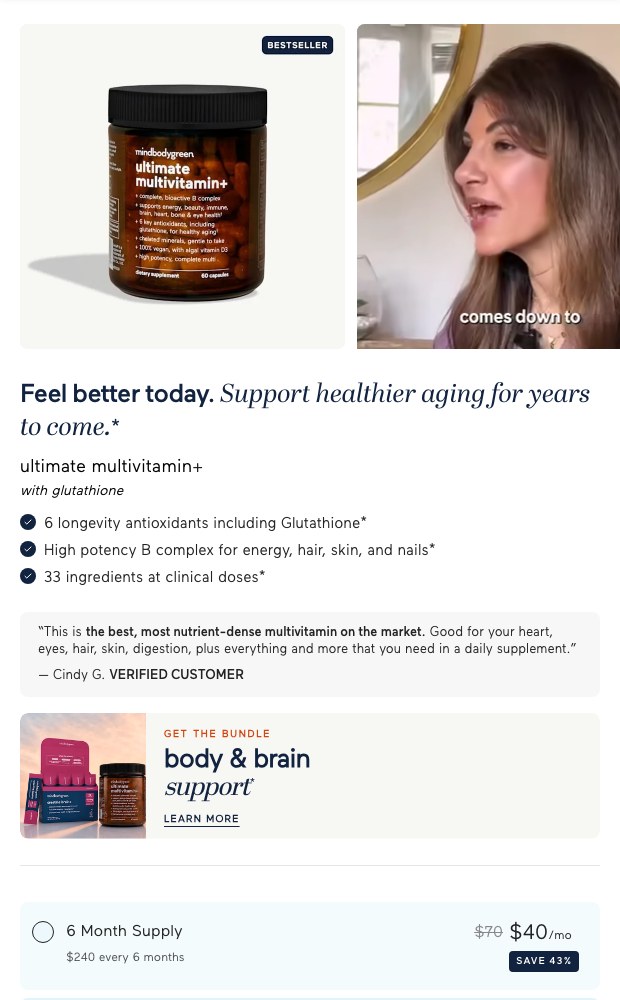 Mobile multivitamin product page with benefit stack and bundle offer