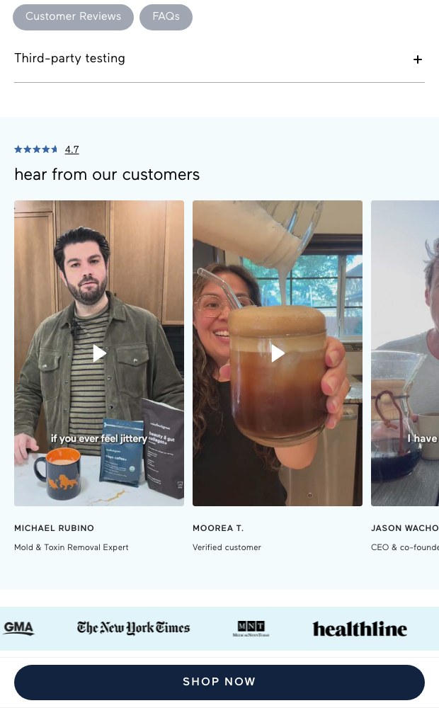 Mobile product page with customer video testimonials and third-party testing