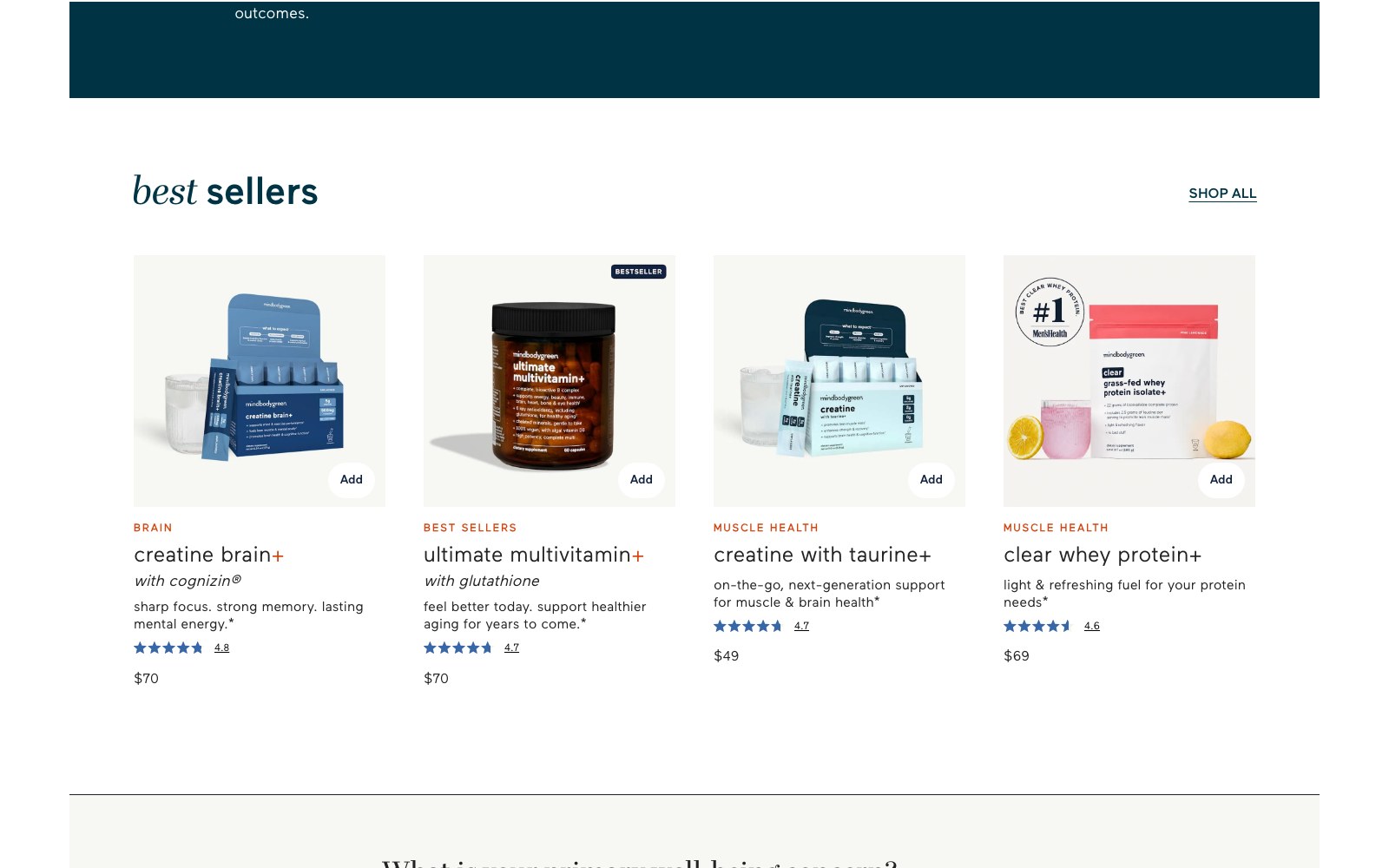Best sellers row with ratings and benefit-first product naming
