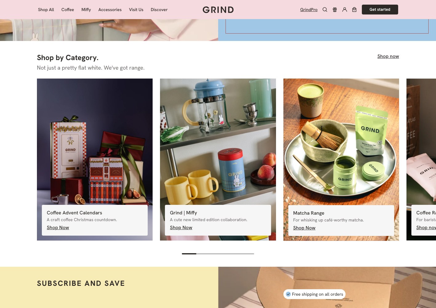 Shop by category tiles across coffee, matcha and accessories