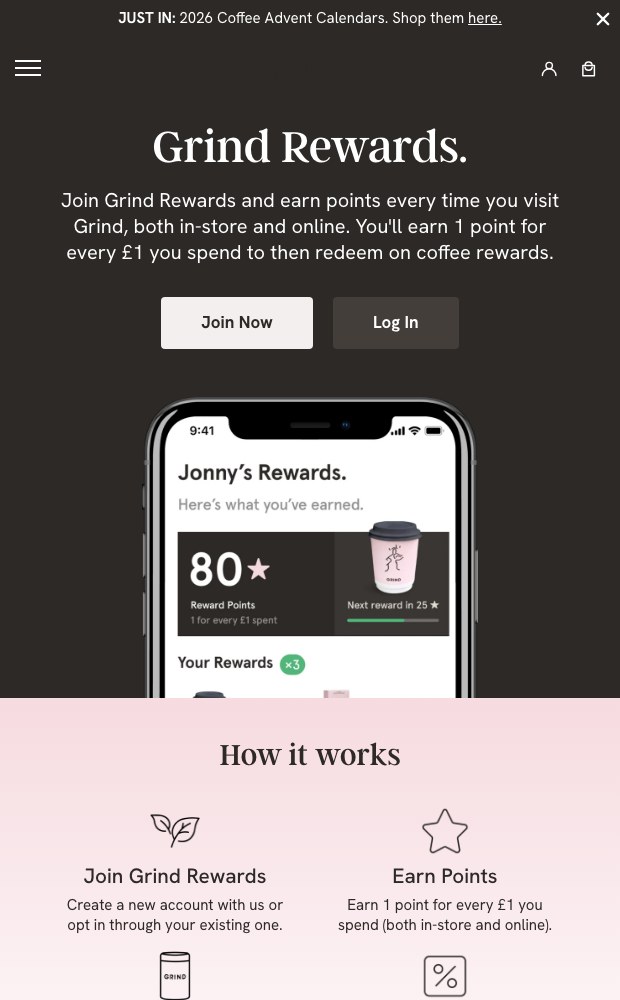 Mobile Grind Rewards page with the in-app points screen