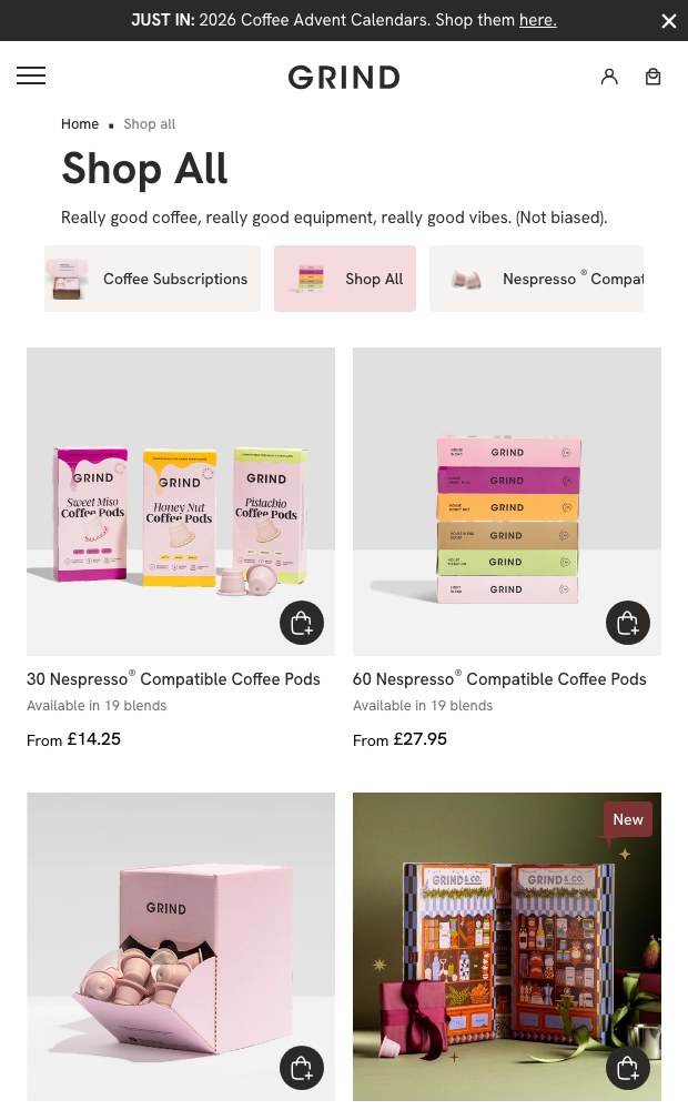 Mobile shop all page with category chips and product cards