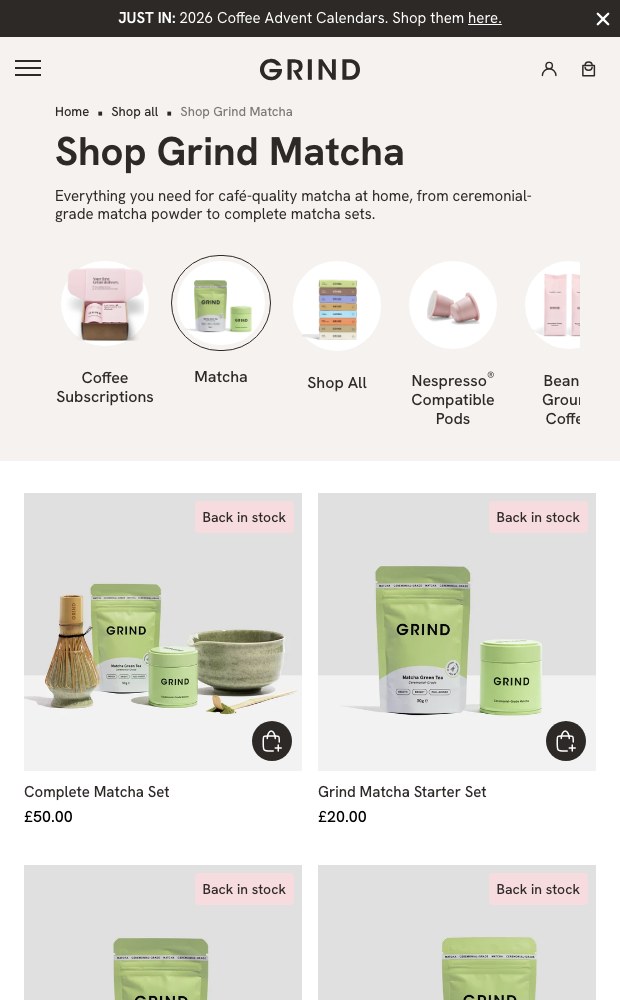 Mobile Grind Matcha collection page