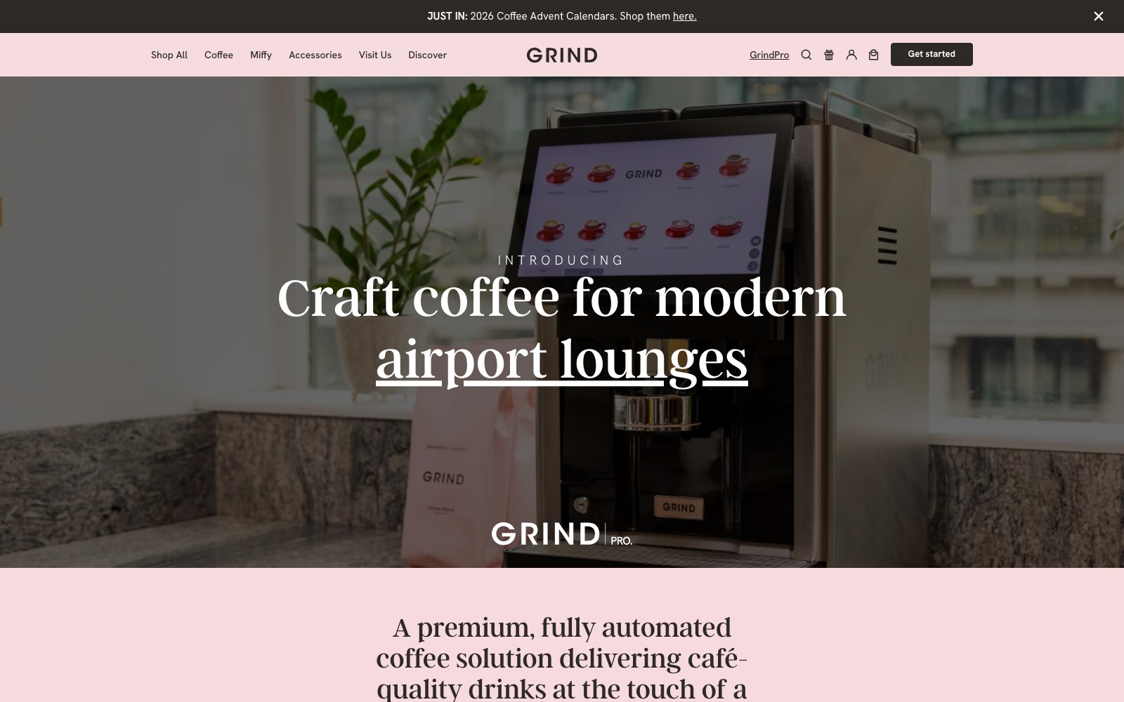 GrindPro page: craft coffee for modern airport lounges