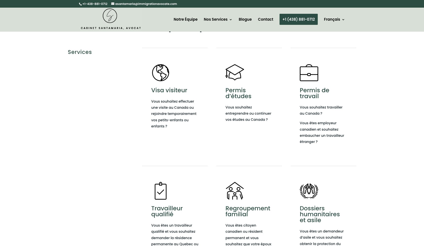 Services grid covering the six immigration categories the firm handles