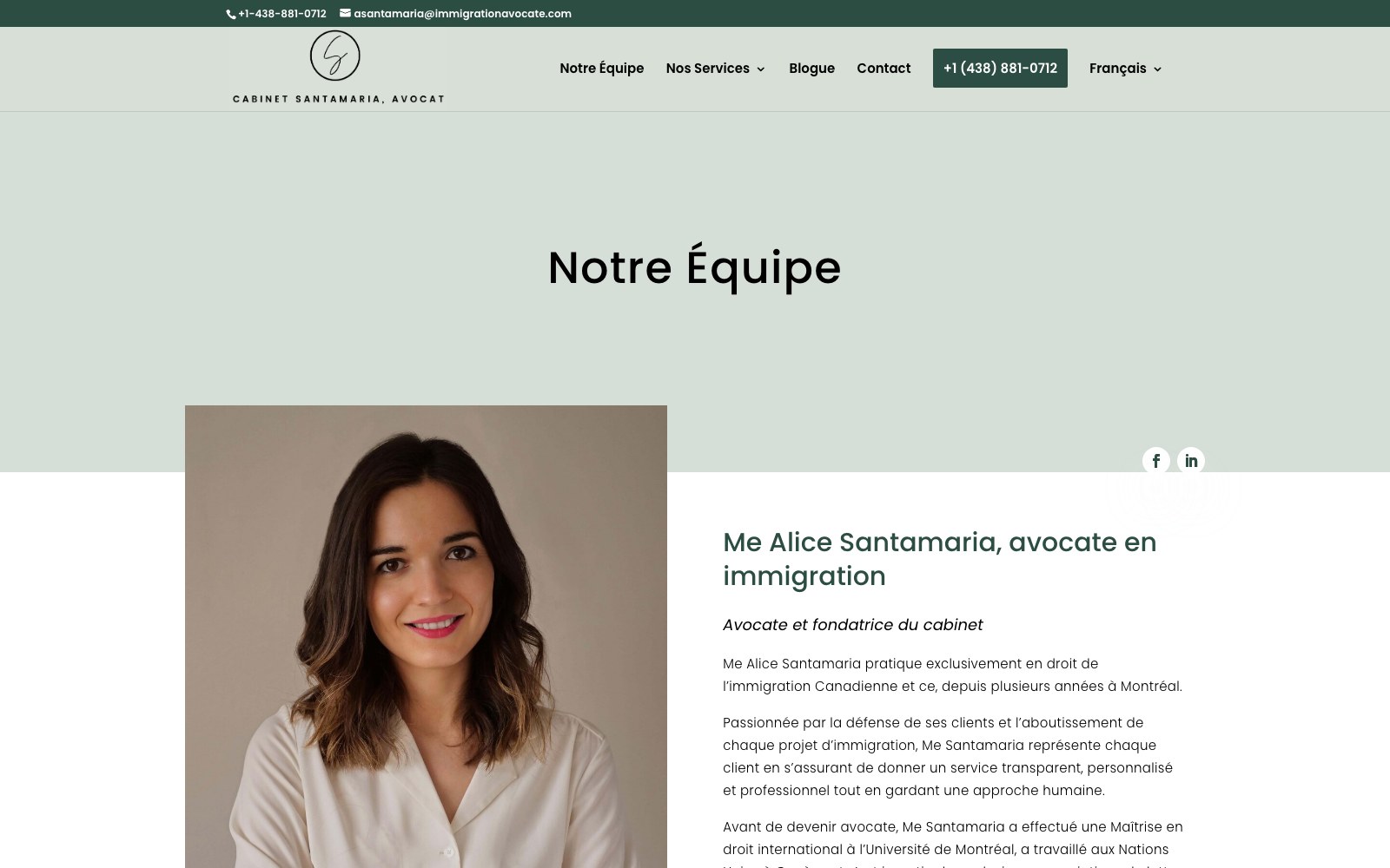 Notre Équipe page introducing the lawyer and consultant
