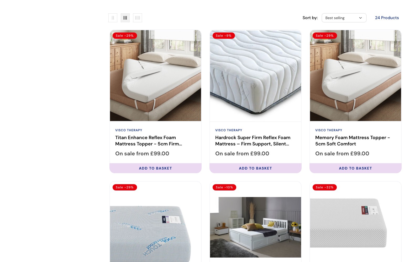 Mattress topper product grid with sort controls and sale badges