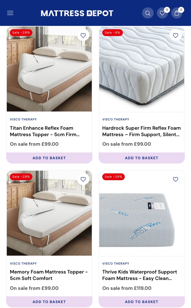 Mobile mattress topper grid with pricing and add to basket
