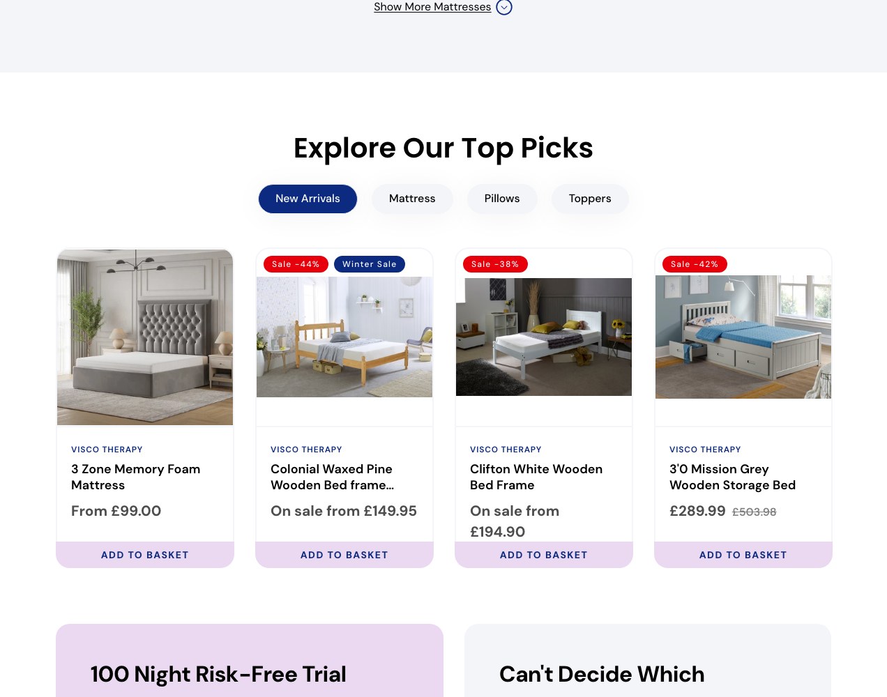Top picks product row with new arrivals and category tabs