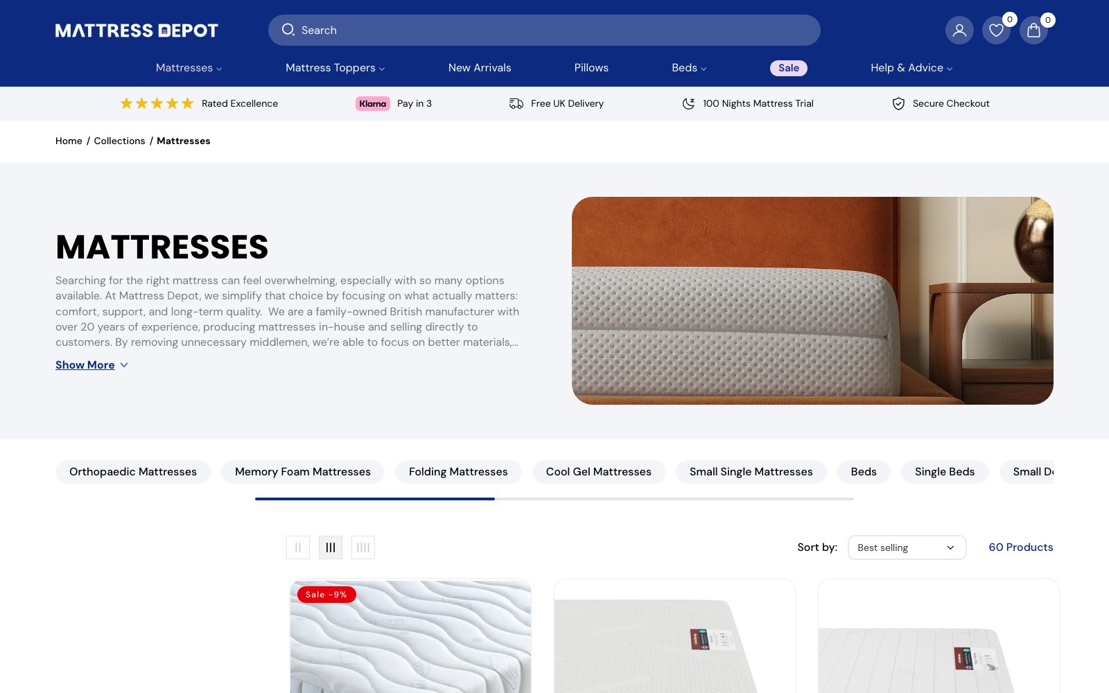 Mattresses collection page with category chips and product grid
