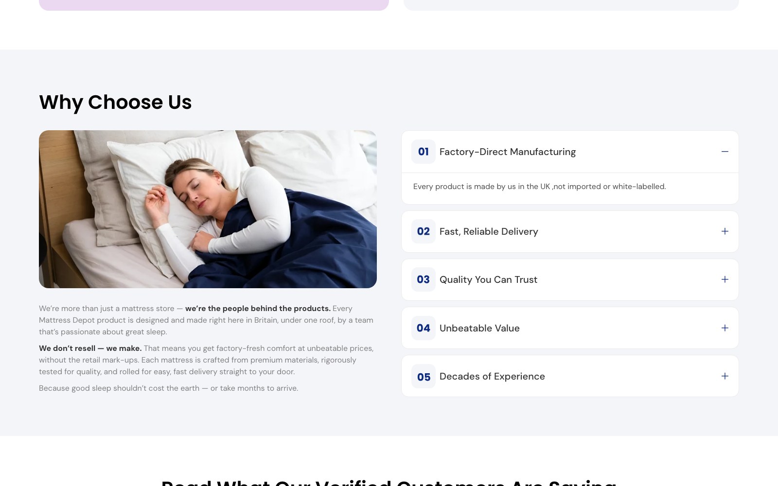 Why Choose Us panel covering factory-direct manufacturing and delivery