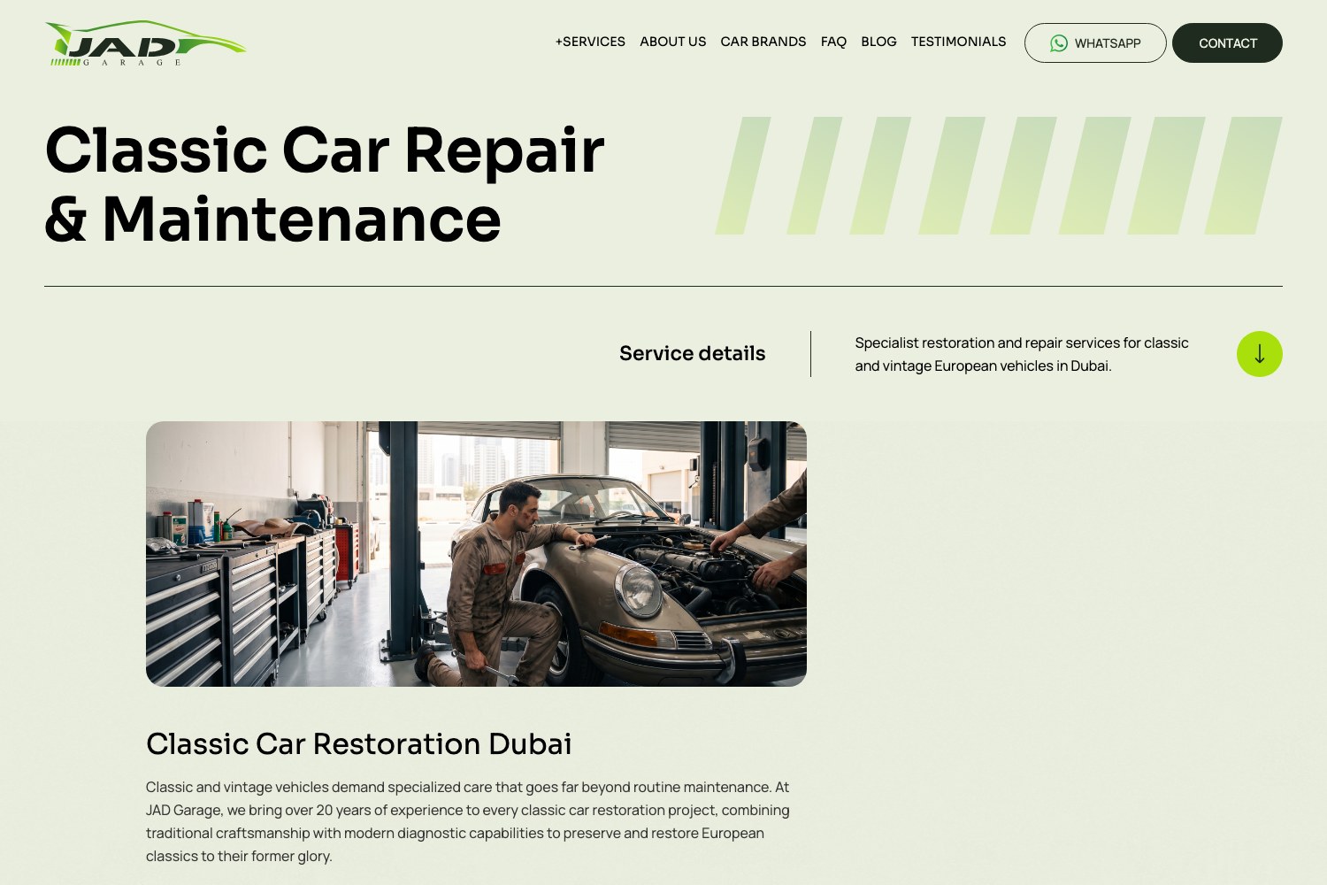 Classic car repair and restoration service page