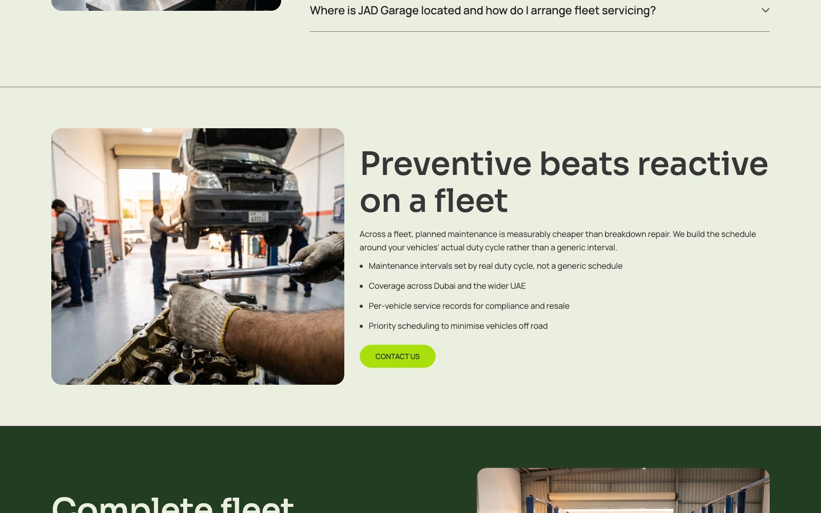 Preventive beats reactive on a fleet, with the workshop bay behind it