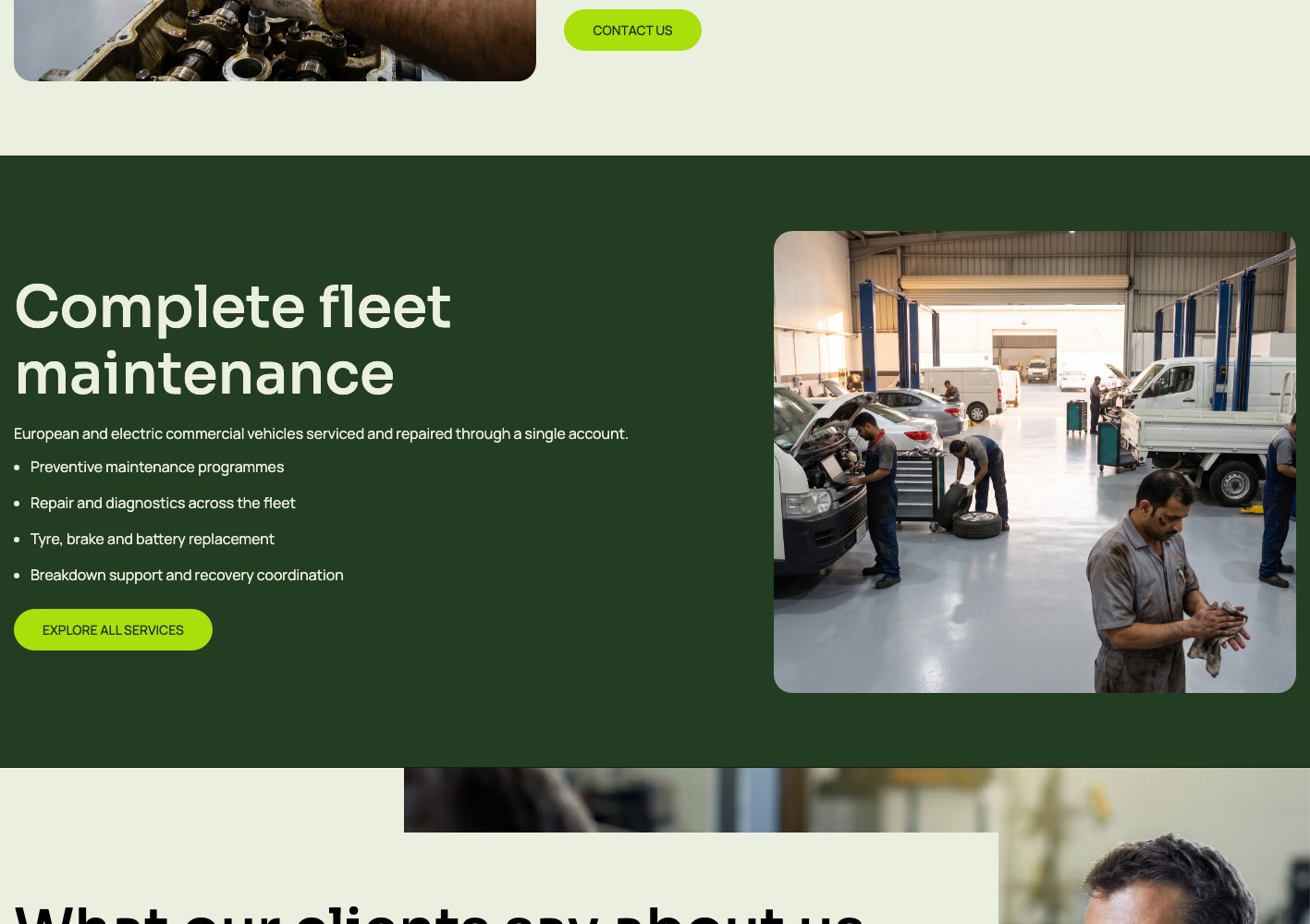 Complete fleet maintenance section with the service bay photograph