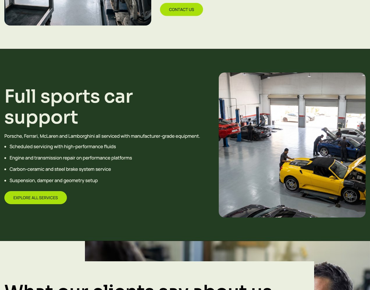 Full sports car support section beside a car on the workshop floor