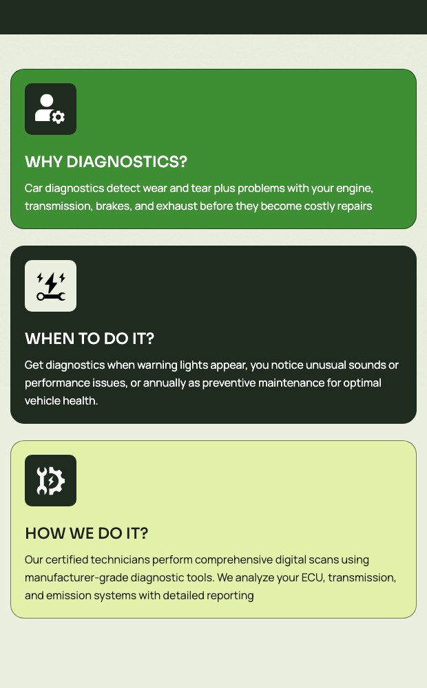 Mobile diagnostics page with the why, when and how cards stacked