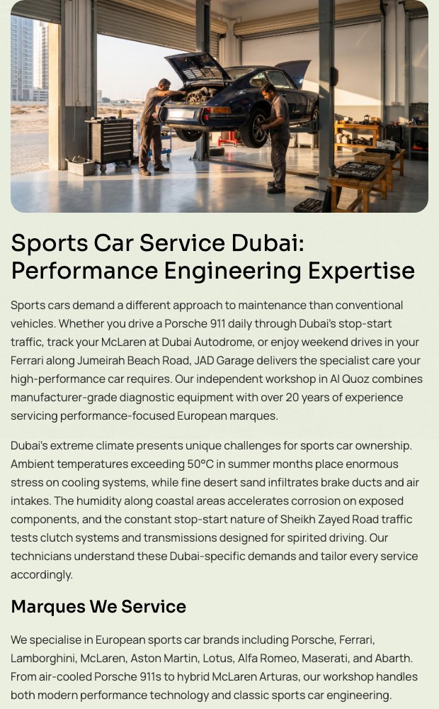 Mobile sports car service page with the marque list