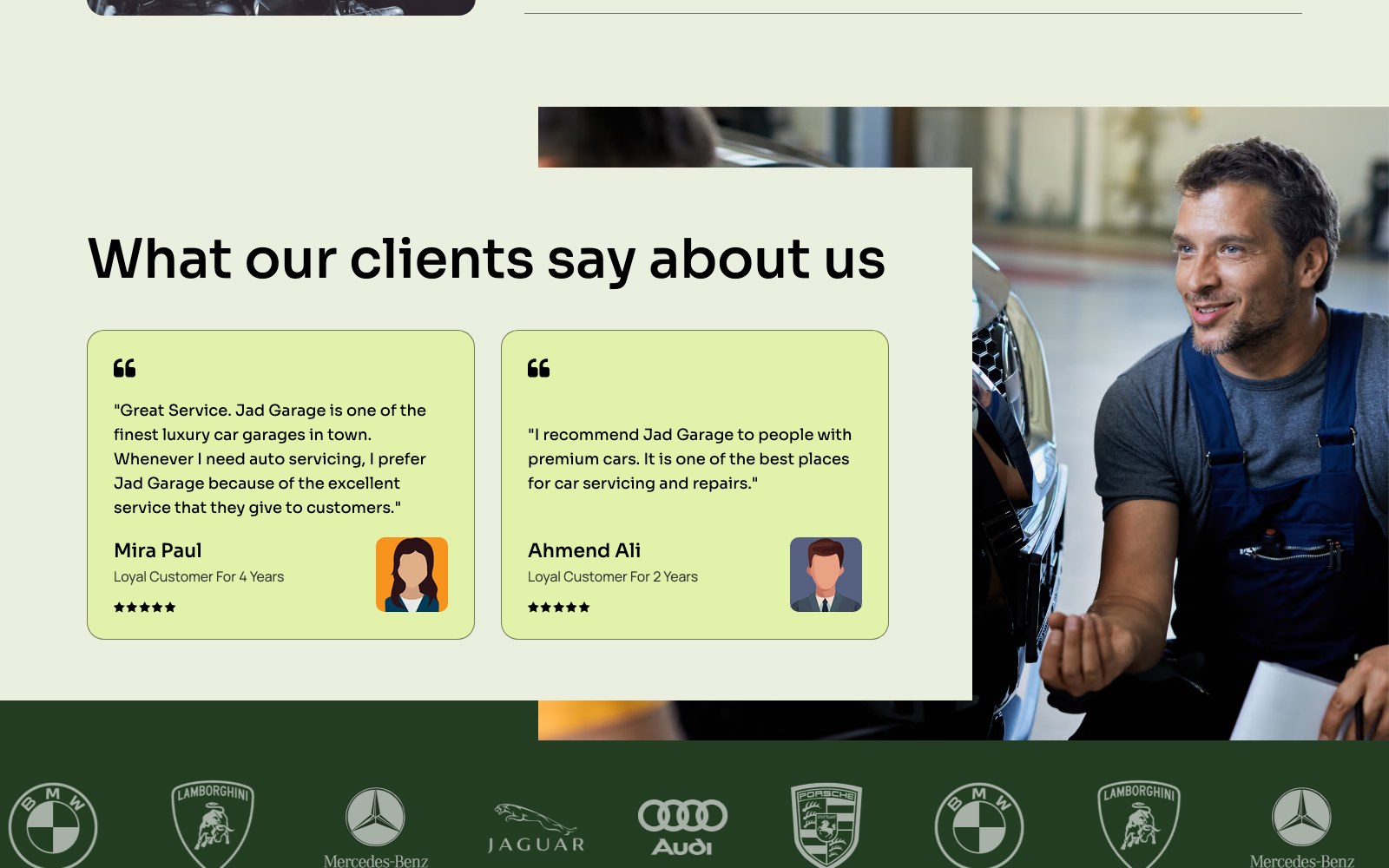 Client testimonials above the serviced marque logos