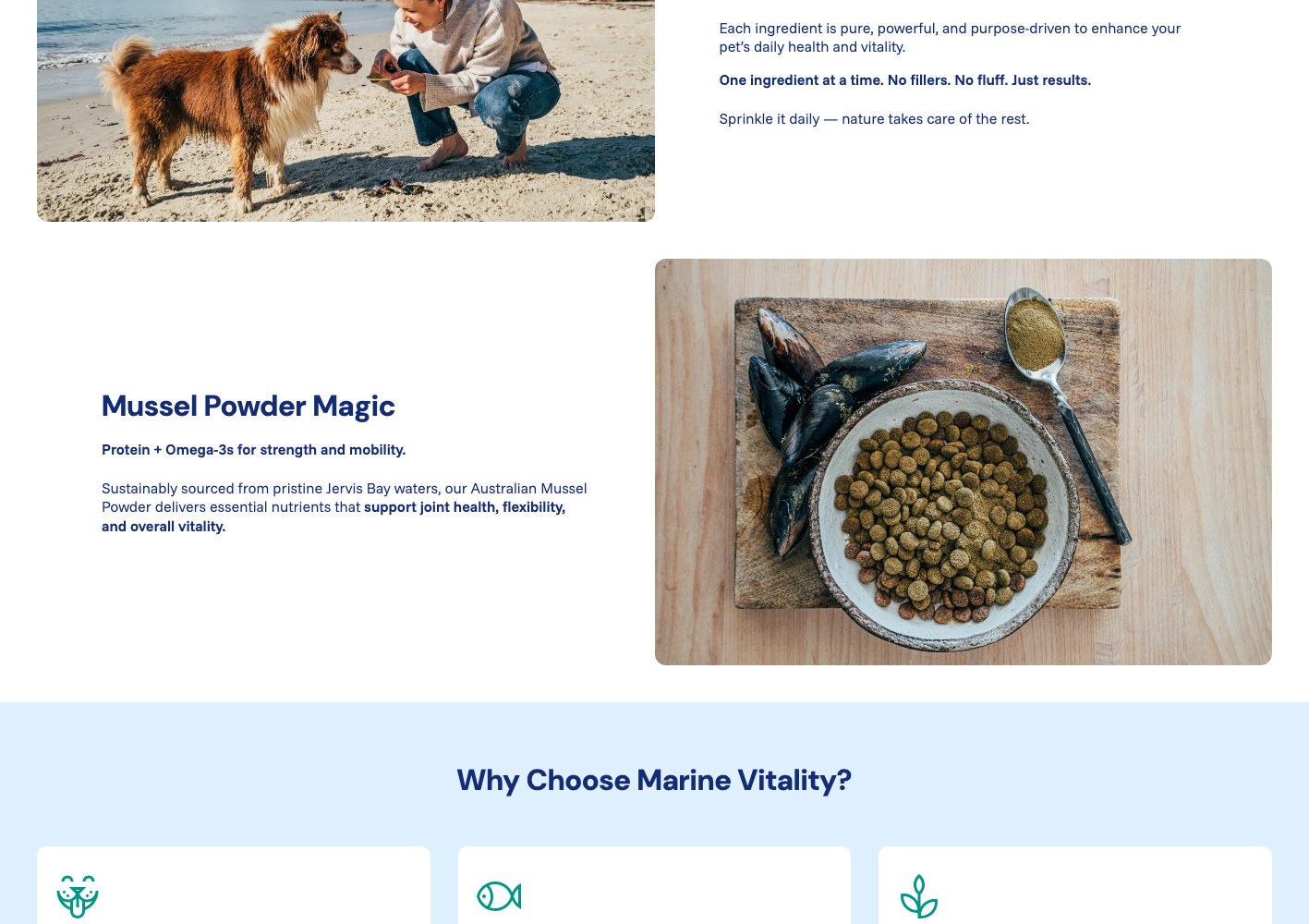 Mussel powder magic explainer above the why choose block
