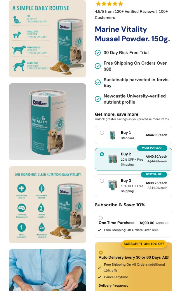 Mobile dog product page with bundle tiers and subscribe and save
