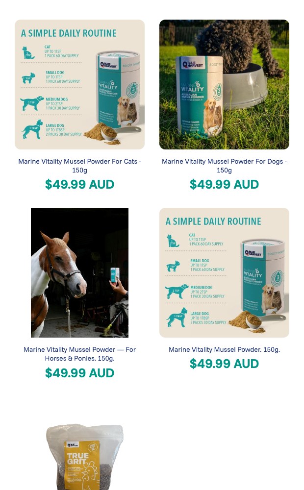 Mobile product range across dogs, cats, horses and ponies