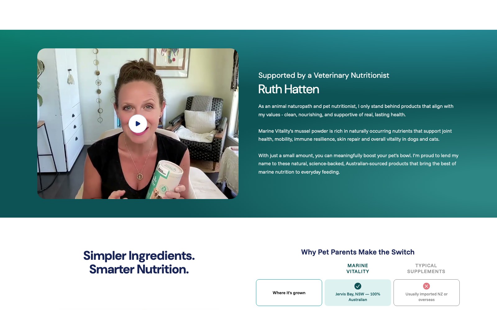 Veterinary nutritionist video endorsement above the ingredient comparison