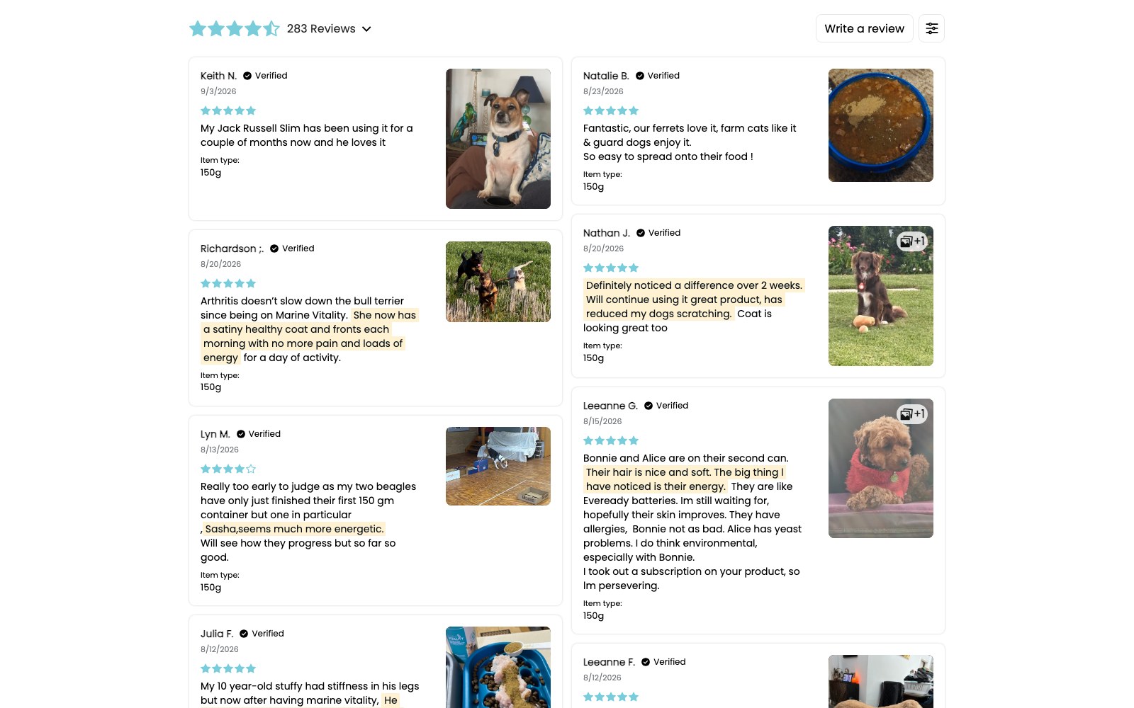 Verified customer review wall with owner-submitted photos