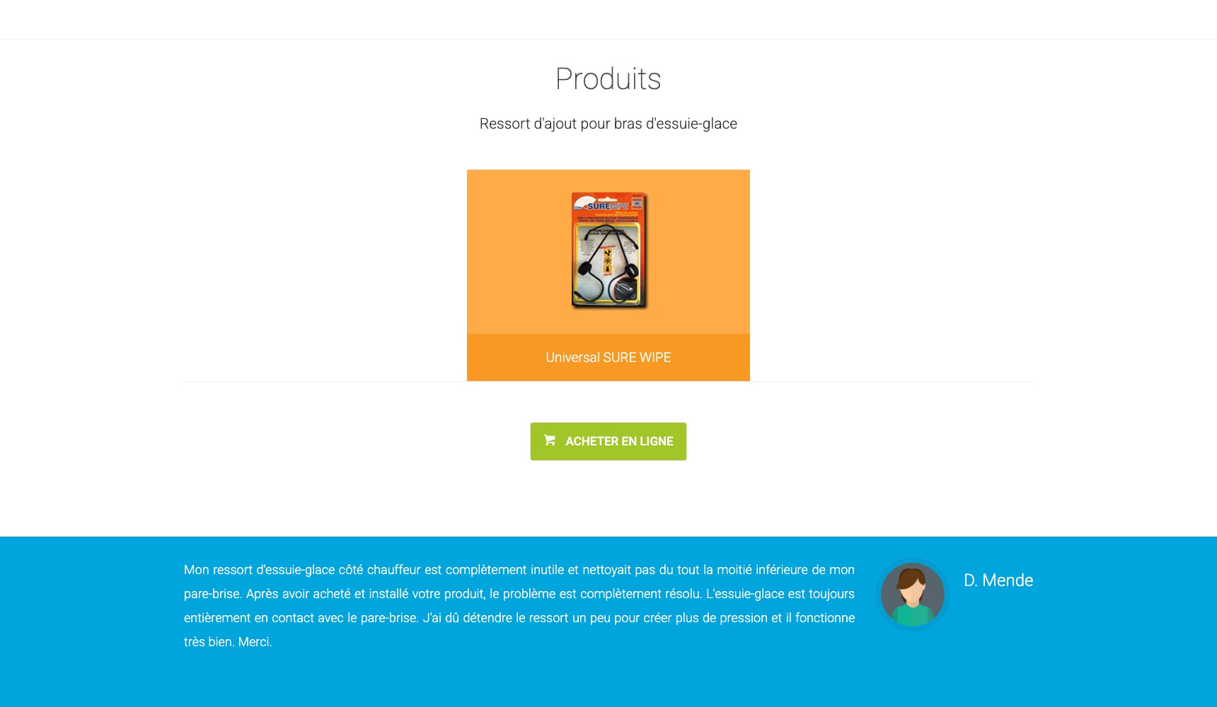 Product listing above a customer testimonial