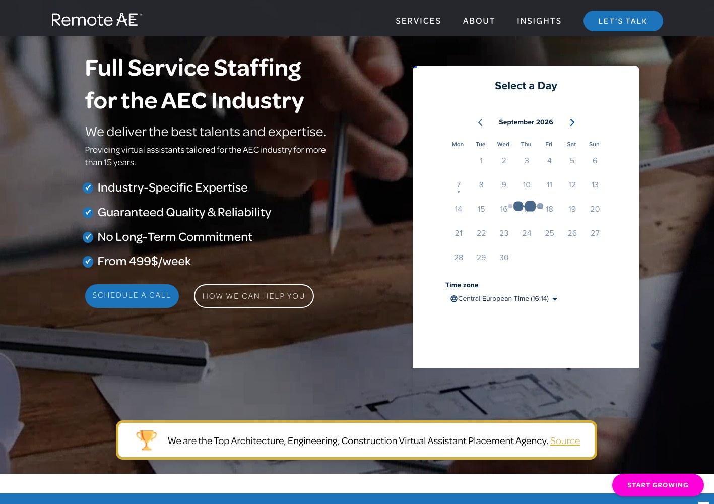Homepage hero with the booking calendar embedded beside the offer