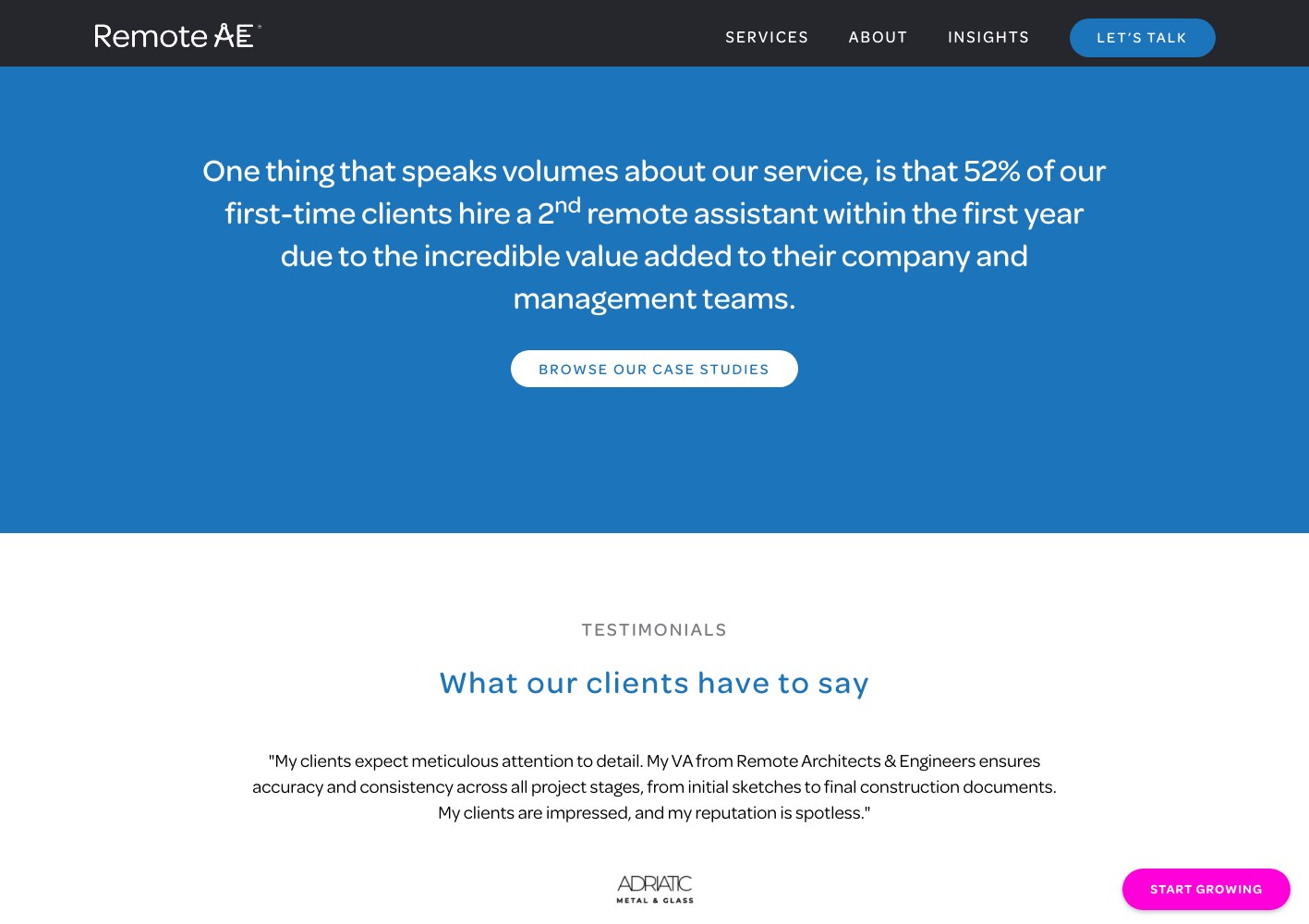 Statistic band: 52% of first-time clients hire a second assistant