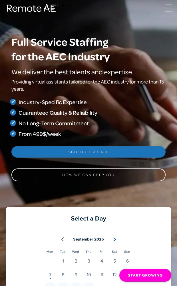Mobile hero with the guarantees list and schedule a call calendar