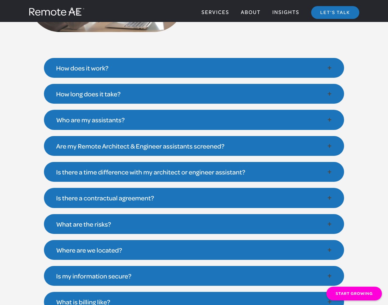 FAQ accordion covering screening, contracts and data security