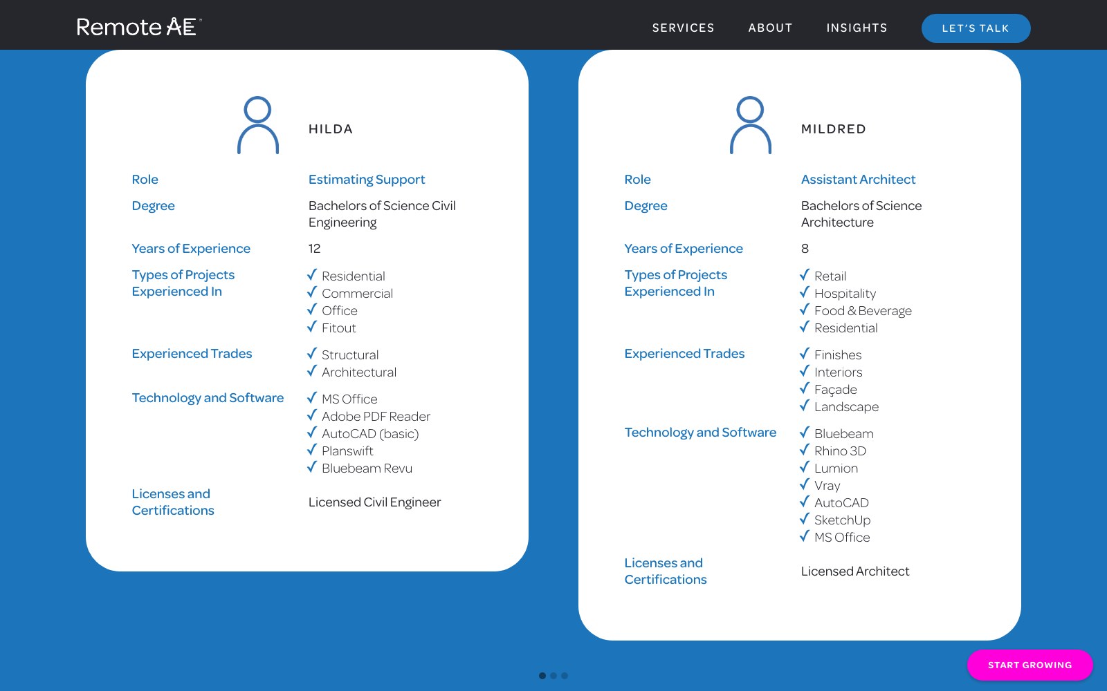 Sample candidate profiles listing degrees, software and certifications