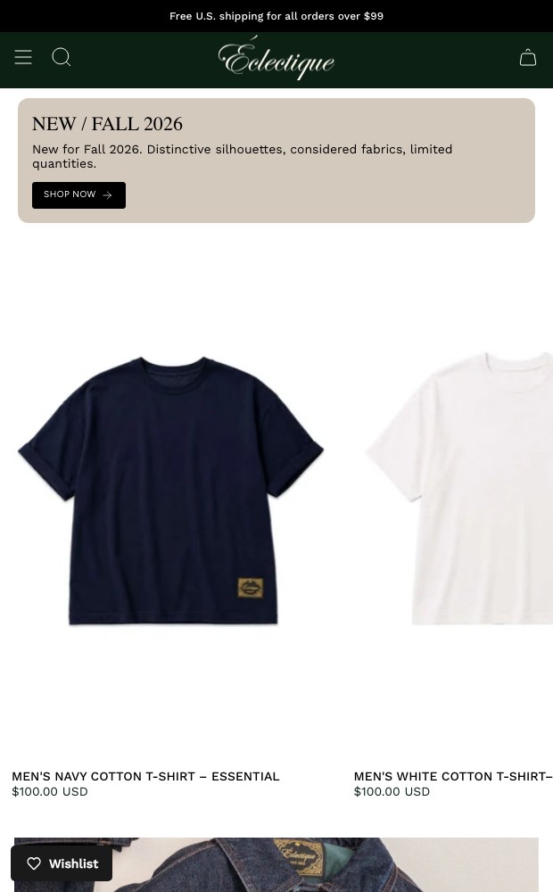 Mobile homepage with the New / Fall 2026 block and essentials