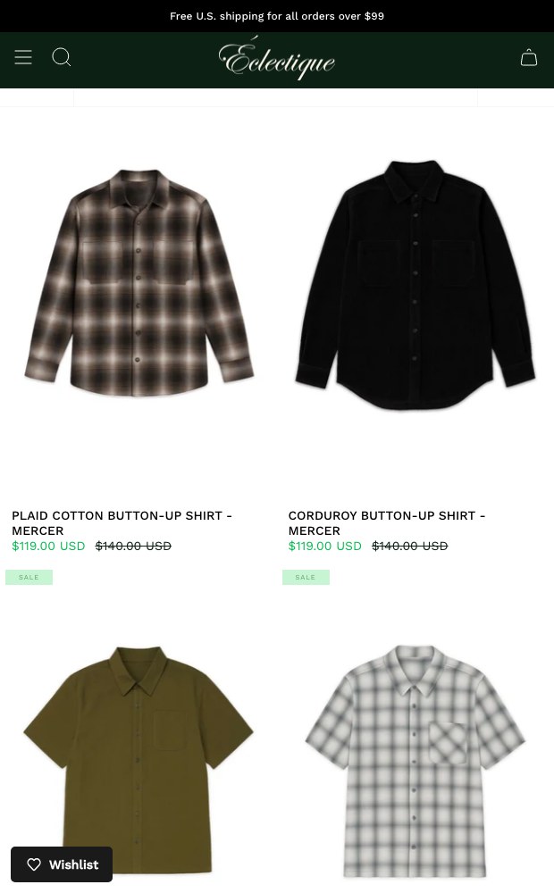 Mobile shirts listing with sale pricing