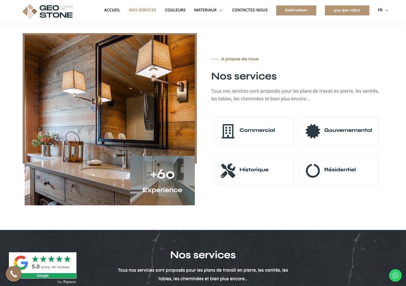 Geo Stone services section with a stone vanity installation photograph