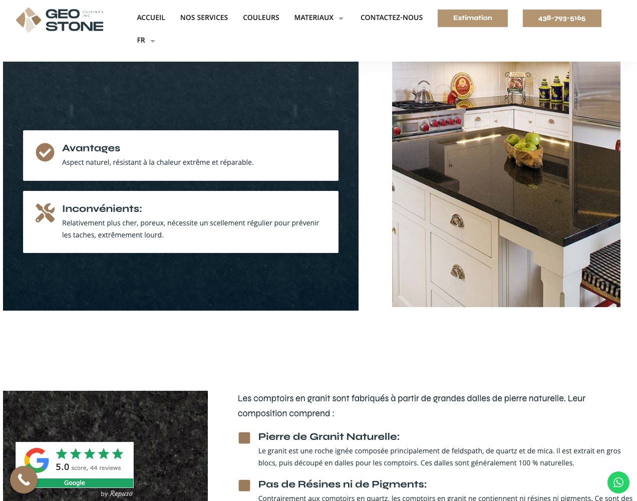 Geo Stone granite advantages panel with a finished dark counter