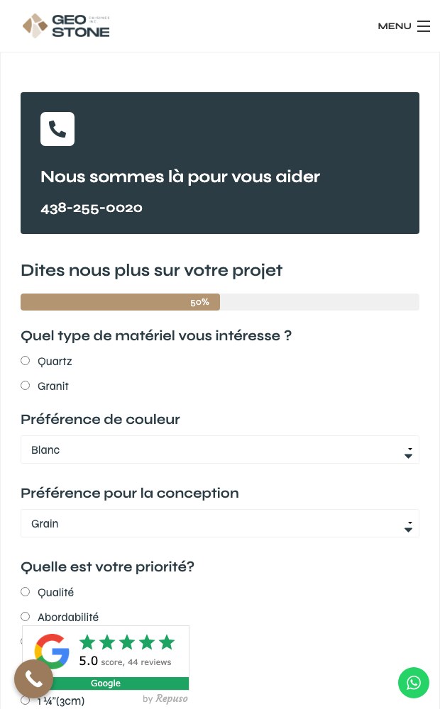 Geo Stone mobile guided estimate form with material and colour questions