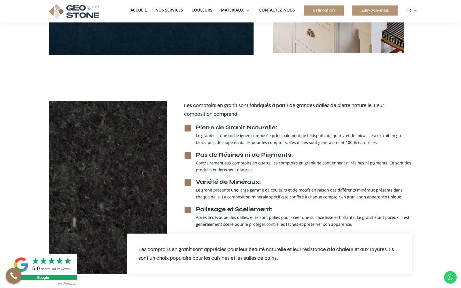 Geo Stone granite specification copy beside dark slab samples