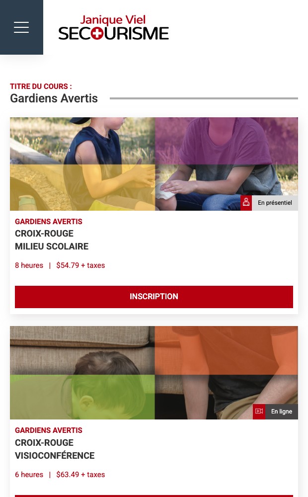 Accueil mobile avec les cartes de cours