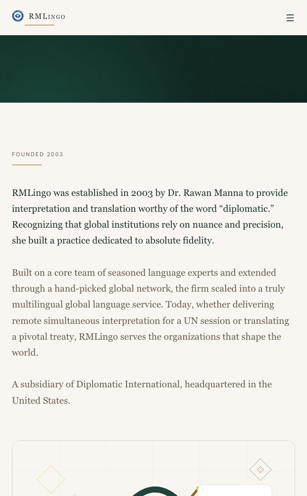 RM Lingo mobile about page with the founder story