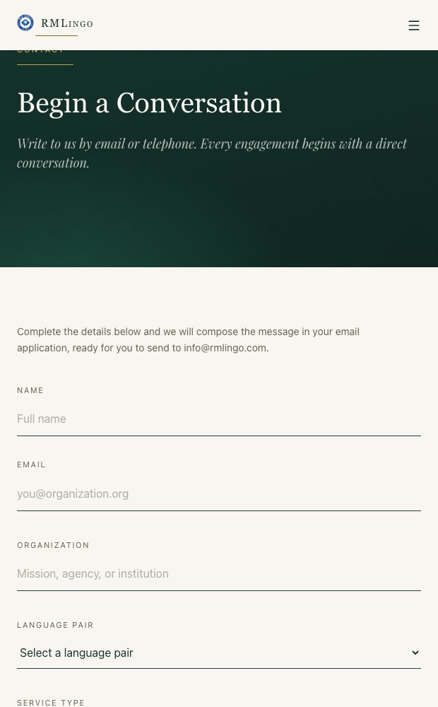 RM Lingo mobile contact page, Begin a Conversation