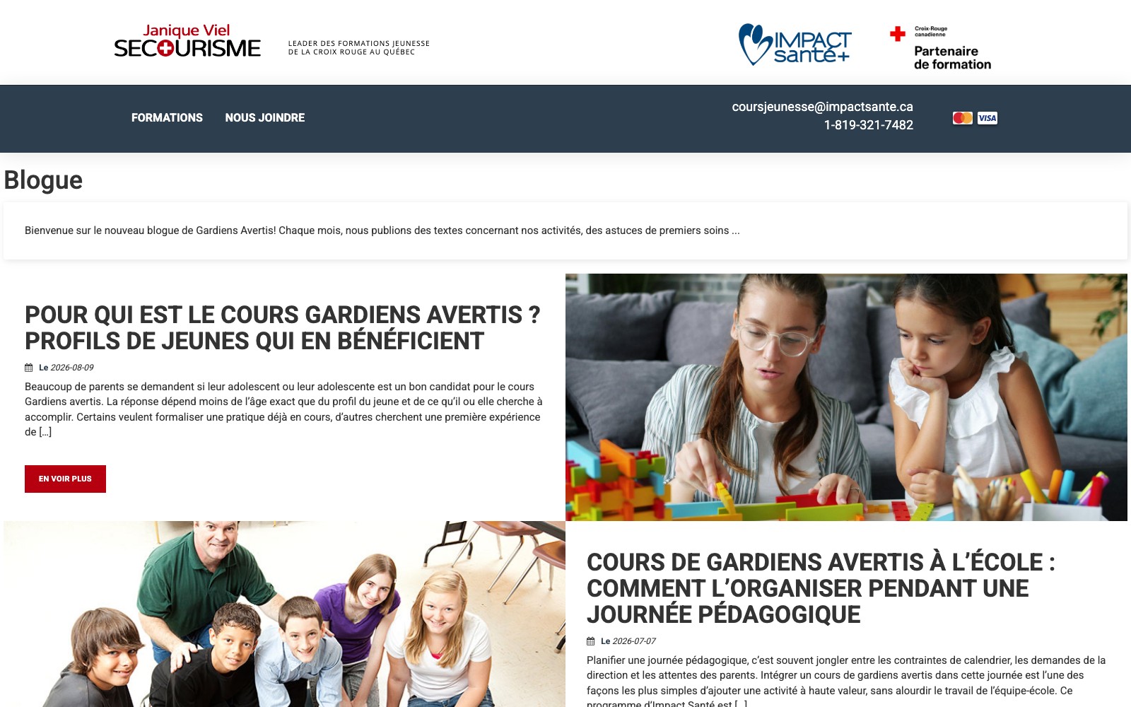 Blogue listing with articles aimed at parents and schools
