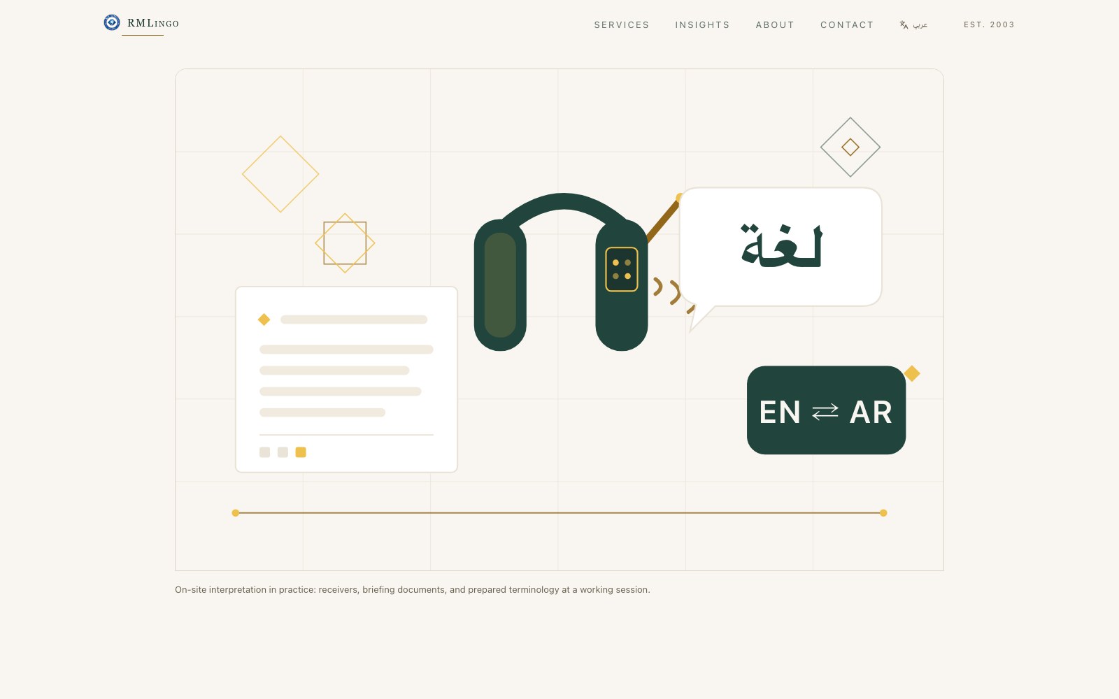 RM Lingo about page with the English to Arabic rendering illustration