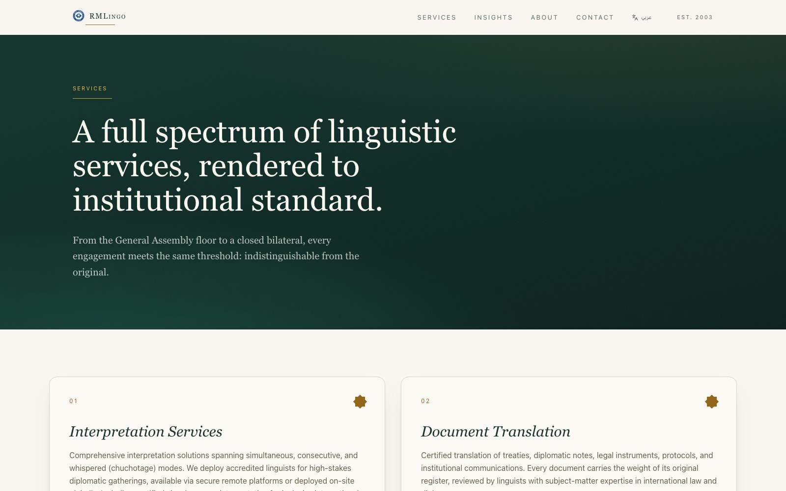 RM Lingo services page with the interpretation and translation cards