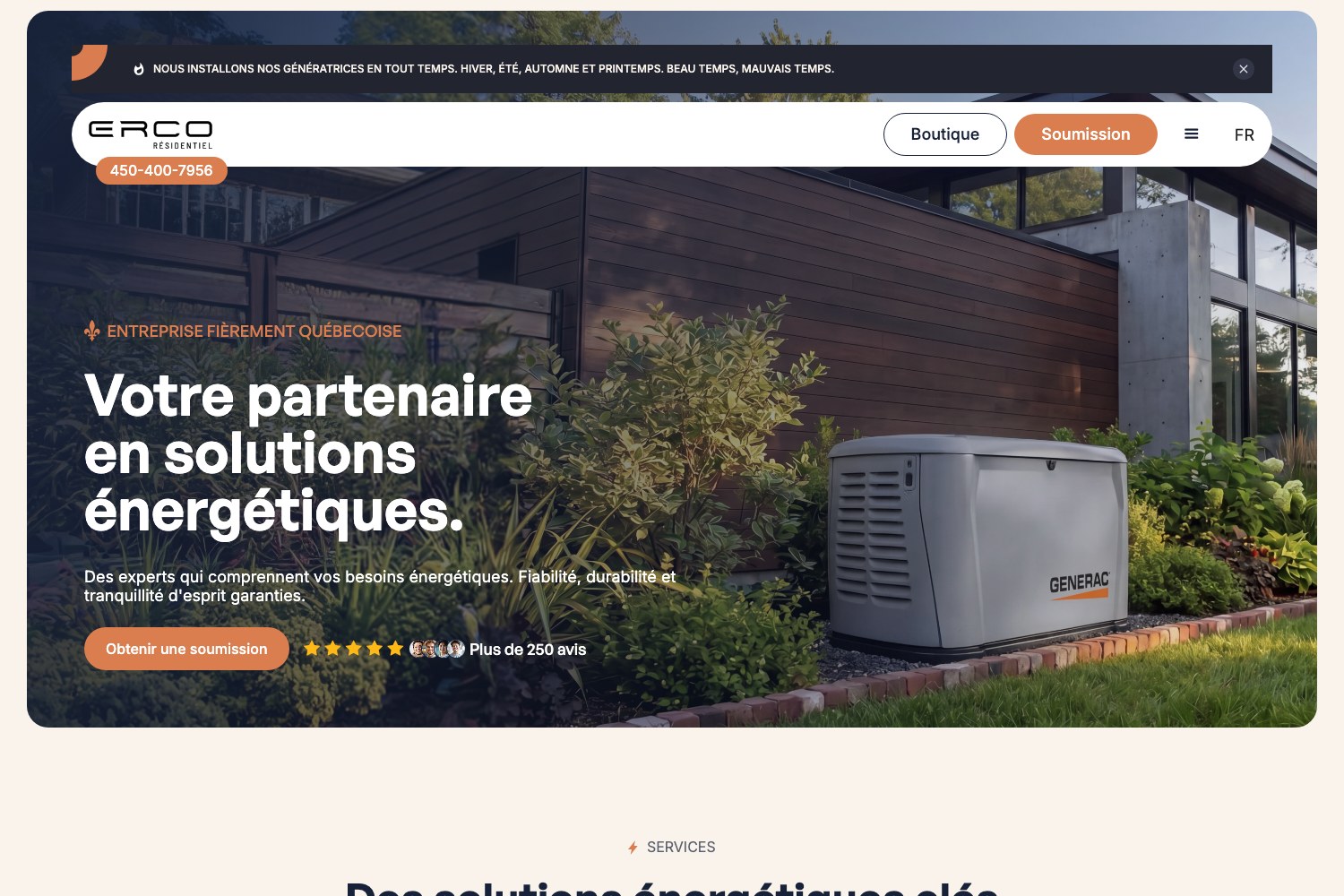ERCO Residentiel homepage hero band with generator and solar energy headline