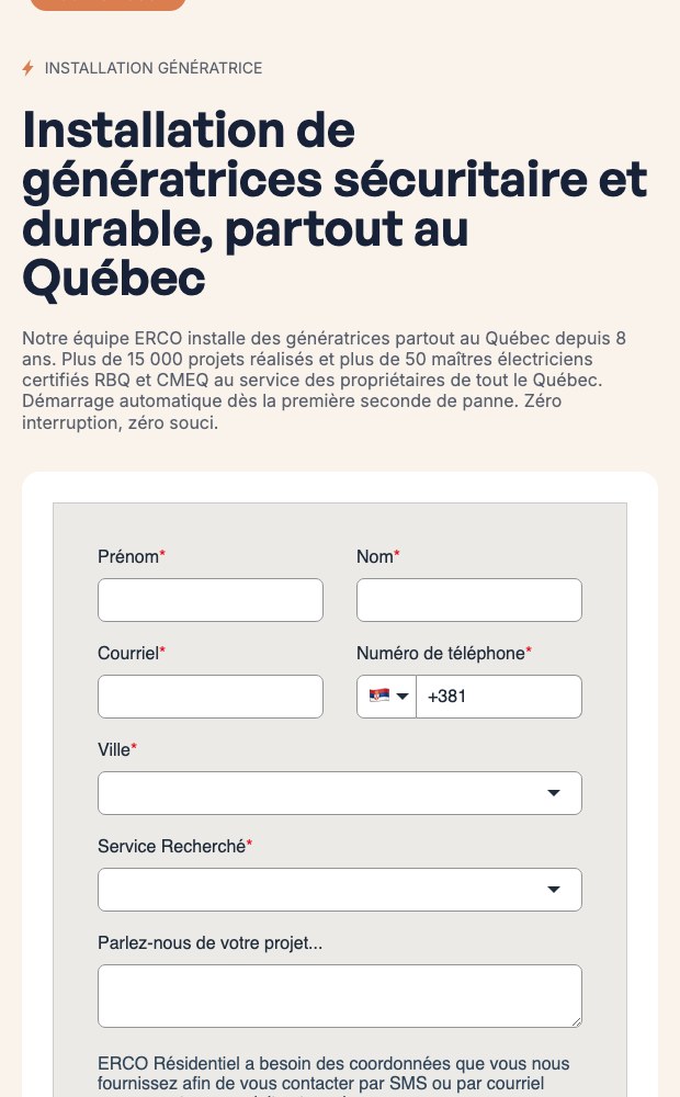 ERCO Residentiel mobile view of the generators page