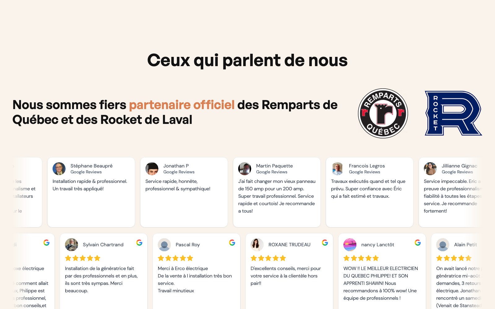 ERCO Résidentiel website Google reviews section