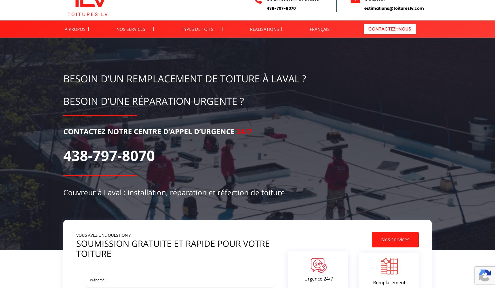 Toitures LV homepage hero with the emergency call-out number